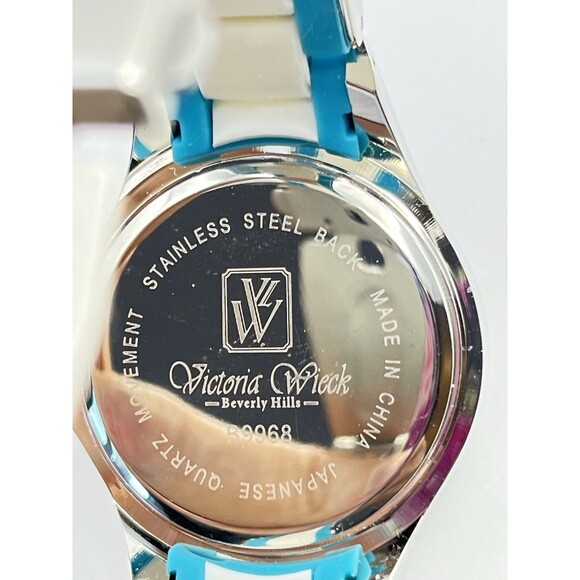Victoria Wieck Crystal Watch Womens Teal and White Links Works, new battery - Picture 6 of 7
